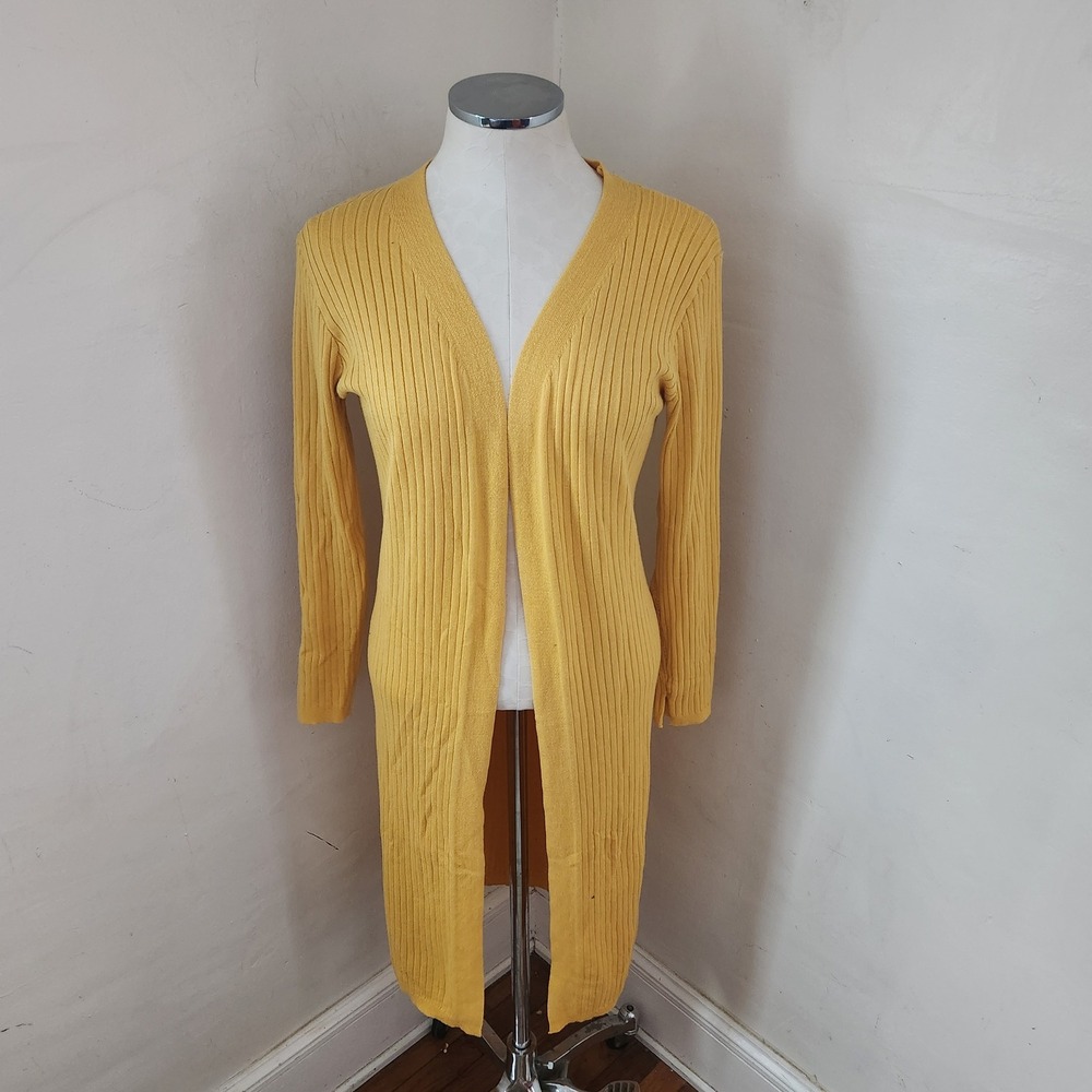 Daisy Women Mustard Yellow Ribbed Knit‎ Longline Open Front Duster Cardigan M